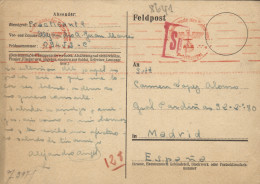 1942. Tarjeta Postal De Campaña Escrita Desde El Frente Ruso A Madrid, El 10/10/43. Feldpost 09452-C. Muy Rara. - Marques De Censures Républicaines