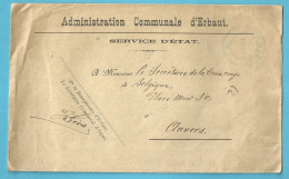 Brief "Administration Communale D'Erbaut" Met BLAUWE !! Dubbelringstempel Van 1919 Van JURBISE - Foruna (1919)