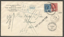 1924 Bank Registered Cover 13c Admirals CDS Toronto Ontario To Welland Returned - Postgeschichte