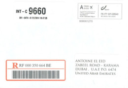 BELGIUM  - 2014, REGISTERED POSTAL LABEL COVER TO DUBAI. - Lettres & Documents