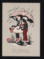 Scherenschnitt-AK Geburtstag:Mädchen Und Junge Regenschirm Geschenke, CELLE 1965 - Silhouettes