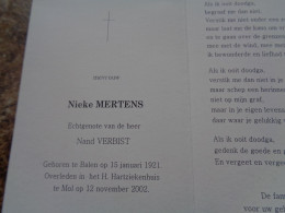 Doodsprentje/Bidprentje   Nieke MERTENS   Balen 1921-2002 Mol  (Echtg Nand VERBIST) - Religion & Esotérisme