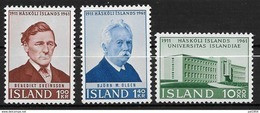 Islande 1961 N° 313/315  Neufs ** MNH Université - Ungebraucht