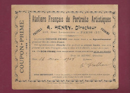 040224 - Coupon Prime 1908 - A. HENRY Atelier Portrait Photographie Pastel Fusain - 1 Agrandissement 35x42 - Bonos