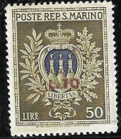 SAN MARINO - 1946 - STEMMA LIRE 50 SOVRASTAMPATO  + 10 L. - NUOVO MH* ( YVERT 277- MICHEL 351  - SS 297) - Unused Stamps