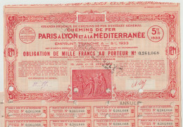 Décoré CHEMINS De FER PLM (Paris Lyon Méditerrannée) 1933 1000F - Chemin De Fer & Tramway