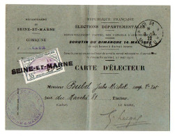 TB 4630 - MEAUX 1922 - Timbre Type Orphelins De La Guerre Sur Carte D'Electeur - M. BUBEL Employé Des Chemins De Fer - 1921-1960: Modern Tijdperk