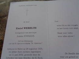 Doodsprentje/Bidprentje  Emiel WERELTS   Balen 1925-2002  (Echtg Jeanne EYKMANS) - Religion & Esotérisme