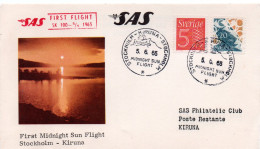 SUEDE -- Carte -- First Midnight Sun Flight SAS Stockholm - Kiruna  5.6.1965 - Covers & Documents