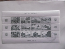 1942    VIGNETTES  AIDE AUX ARTISTES  MONUMENTS DE PARIS EN FEUILLE QUATRE COULEURS OBLITERES COIN  DROIT - Non Classés