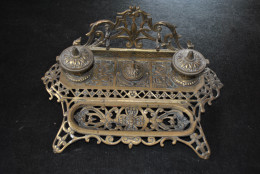 Grand Double Encrier écritoire En Laiton Ou Bronze Doré - Ajouré Rocaille Porte Plume Bureau  - Inkwells