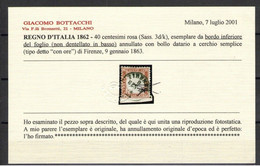 REGNO 1862 40 C. N.D. IN BASSO ANNULLATO BOLLO "CON ORE" SASS. 3d/k C. BOTTACCHI - Usati