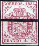 ESPAGNE / ESPANA / SPAIN 1854 MUSTRA Ed.33AMa 4c Carmin, Papel Azulado, Raya De Tinta Negra (SPECIMEN) - Usados