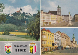 E4198) LINZ - Donaustadt - Wappen Straßenbahn - VW BUS - Dreibild AK - Werbetael LInzer Bier Landstraße - Linz