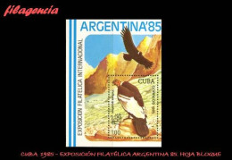CUBA MINT. 1985-14 EXPOSICIÓN FILATÉLICA ARGENTINA 85. FAUNA. AVES. HOJA BLOQUE - Unused Stamps