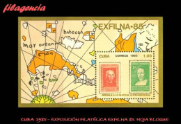 CUBA MINT. 1985-24 EXPOSICIÓN FILATÉLICA EXFILNA 85. SELLO EN SELLO. DESCUBRIMIENTO DE AMÉRICA. HOJA BLOQUE - Unused Stamps