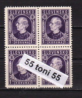 1943 P. Hlinka 1.30 K.  (Mi-97)   MNH** Bloc De 4  Slovaquie / Slovakia - Ongebruikt