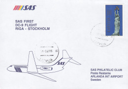 Latvia SAS First DC-9 Flight RIGA-STOCKHOLM 1992 Cover Brief Lettre STOCKHOLM GLYG (Arr.) Sweden - Lettonie