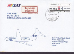 Denmark SAS First DC-9 Flight COPENHAGEN-ALICANTE 1991 Cover Brief Lettre Tryksag IMPRIMÉ Label IC-3 Train Stamp - Luftpost