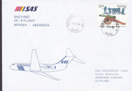 Norway SAS First DC-9 Flight BERGEN-ABERDEEN 1986 Cover Brief Lettre SAS ABERDEEN Great Britain (Purple Arr.) Artillery - Storia Postale