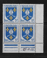 FRANCE 1954  N° 1005**    BLOC DE 4 GOMME D'ORIGINE SANS CHARNIÈRE  NEUF TTB      2 SCANS - 1941-66 Coat Of Arms And Heraldry