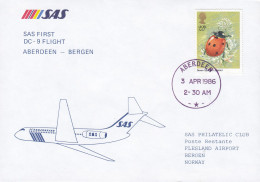 Great Britain SAS First DC-9 Flight ABERDEEN-BERGEN 1986 Cover Brief Lettre Ladybird Marienkäfer Coccinelle - Brieven En Documenten