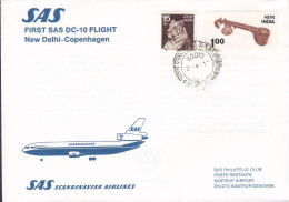 India First SAS DC-10 Flight NEW DELHI-COPENHAGEN 1977 Cover Brief Lettre Tiger Tigre Instrument Stamps (2 Scans) - Luftpost