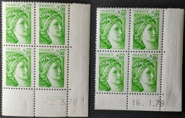 N°1977 ** Sabine 2.00F Vert-Jaune Coins Datés X2 - 1970-1979