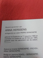 Doodsprentje Anna Herssens / Oostende 17/8/1906 - 20/2/1993 ( Pierre Germonpré ) - Religion & Esotérisme