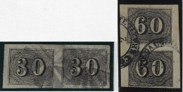 Brazil Year 1850 RHM-13/14 Vertical Number 30 And 60 Réis 2 Used Horizontal And Vertical Pair Of Stamp (catalog US$64) - Usados