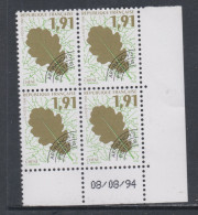 France Préoblitéré N° 232 XX Feuilles D'arbres :  1 F. 91  En Bloc De 4 Coin Daté Du 08 / 08 / 94;  Sans Charnière TB - Vorausentwertungen