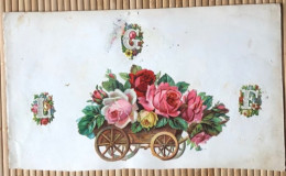 Découpis Collés : Charrette / Brouette De Roses / Fleurs, Lettres Majuscules Fleuries L F Et G - Kinder