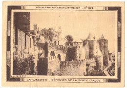 IMAGE CHROMO CHOCOLAT MENIER ALIMENT NUTRITIF N° 327 CARCASSONNE CHÂTEAU CASTLE ARCHITECTURE DEFENSES DE LA PORTE D'AUDE - Menier