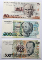 BRAZIL - 50,200,500 CRUZEUROS ON CRUZADOS NOVOS - P  223,225,226  (1990) - 3 PCS - UNC - BANKNOTES - PAPER MONEY - - Brasil