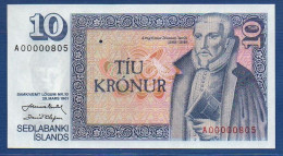 ICELAND - P.48 A1 – 10 Krónur L. 29.03.1961 UNC, S/n A00000805 - Signatures:  J. Nordal & D. Olafsson - LOW SERIAL NR. - IJsland