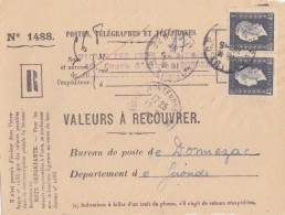 Lettre Valeurs A Recouvrer 1488 Rec. Obl. Bordeaux RP Le 15/5/46 Sur 4f50 Dulac X 2 N° 696 (tarif Du 1/1/46) - 1944-45 Maríanne De Dulac