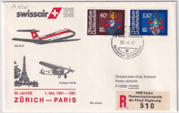 81.12. AL - SWISSAIR Jubiläumsflug 50 Jahre Zürich - Paris- Gelaufen Ab Liechtenstein - Posta Aerea