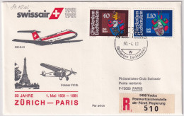 81.12. AL - SWISSAIR Jubiläumsflug 50 Jahre Zürich - Paris- Gelaufen Ab Liechtenstein - Luchtpostzegels
