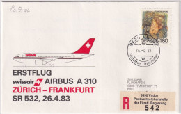 83.9. AL - SWISSAIR Airbus A 310 Erstflug Zürich - Frankfurt - Gelaufen Ab Liechtenstein - Poste Aérienne