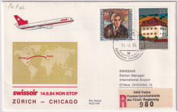 84.8. AL - SWISSAIR Erster Non Stop Flug Zürich - Chicago - Gelaufen Ab Liechtenstein - Poste Aérienne