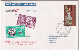 92.8. AL - SWISSAIR Erstflug Zürich - Vilnius - Gelaufen Ab Liechtenstein - Posta Aerea