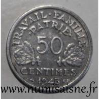 GADOURY 425 - 50 CENTIMES 1943 B - Beaumont Le Roger - TYPE BAZOR - KM 914 - TTB+ - 50 Centimes