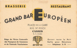 Cannes * Brasserie Restaurant Grand Bar Européen Place De La Gare & Rue Foch * Carte De Visite Ancienne - Cannes