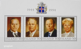 Iceland 1994, 50th Anniversary Of Independence - Presidents, MNH S/S - Ongebruikt