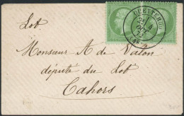 Lettre N°35 5c Vert Pâle S/bleu, Paire S/lettre Obl CàD Quettehou 4/10:72, Pièce De Luxe Cachet D'arrivée Au Verso - TB - 1863-1870 Napoleon III With Laurels