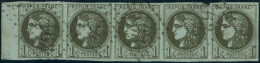 Obl. N°39Ba 1c Olive Foncé, R2 Bande De 5 Obl GC, Petite Encoche Sur 1ex - B/TB - 1870 Ausgabe Bordeaux