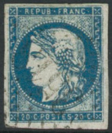 Obl. N°44A 20c Bleu Type I, R1 - TB - 1870 Bordeaux Printing