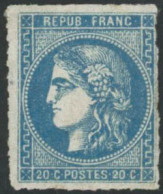 ** N°46B 20c Bleu, Type III R2 Percé En Ligne, RARE - B - 1870 Bordeaux Printing