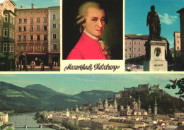 SALZBURG, MULTIPLE VIEWS, ARCHITECTURE, MOZART PORTRAIT, STATUE, BRIDGE, CASTLE, AUSTRIA, POSTCARD - Salzburg Stadt