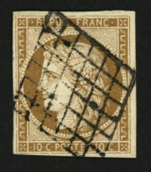 10c CERES Bistre-Brun (n°1a) Obl. Grille. Cote 475€. Signé CALVES. TTB. - 1849-1850 Ceres